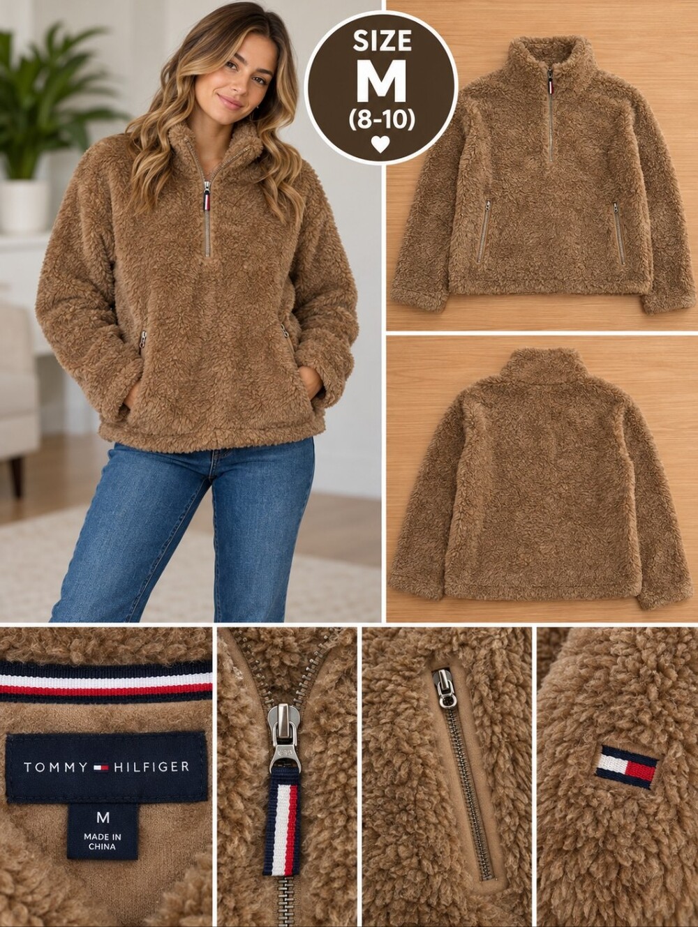 Tommy Hilfiger women's medium brown fur fleece pullover jacket #32